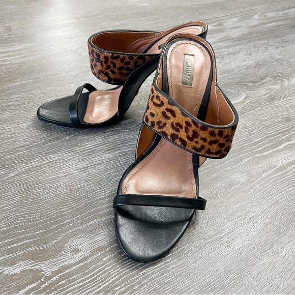 40-Schultz Black Leather and Leopard Stiletto Sandals Size: 8 Med. - Picture 10 of 12
